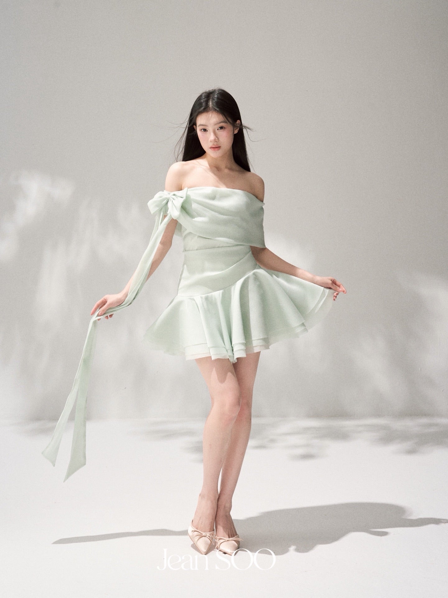 JEAN SOO Sweet Vacation Pink Satin Slopeing Shoulder Mini Dress
