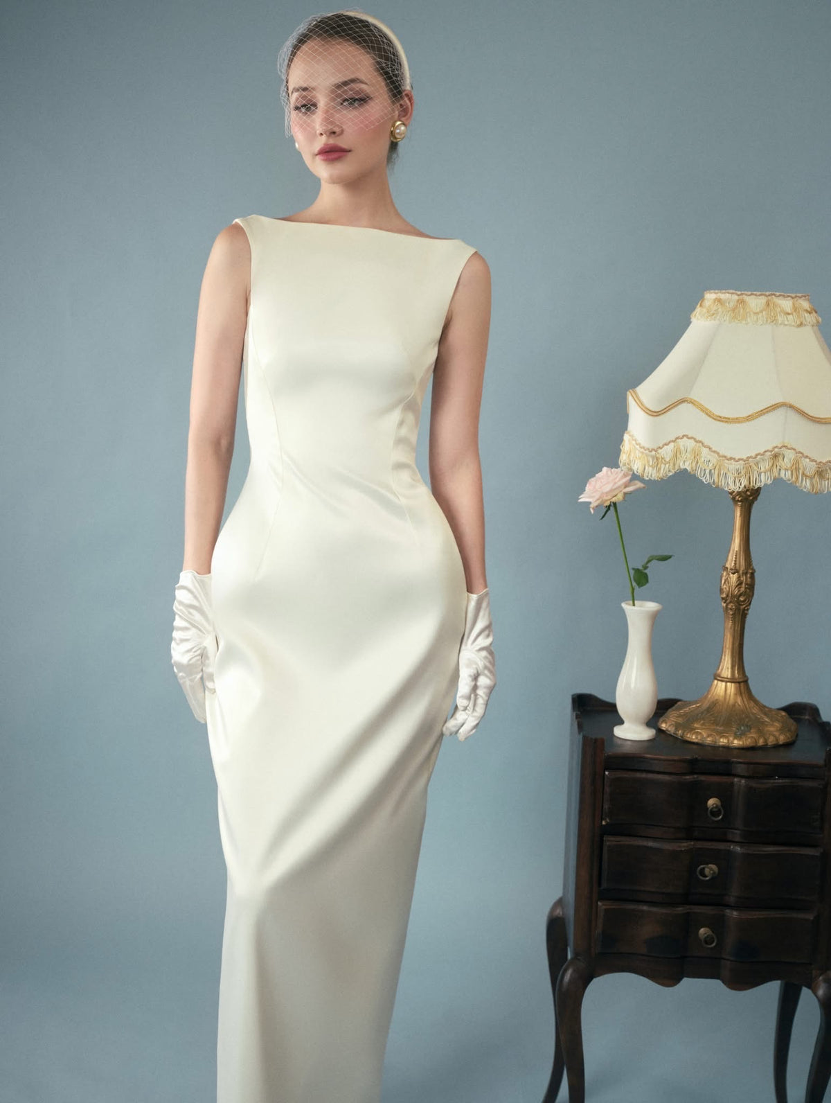 White Jollie Satin Waist Train Maxi Dress With Detachable Waist Train