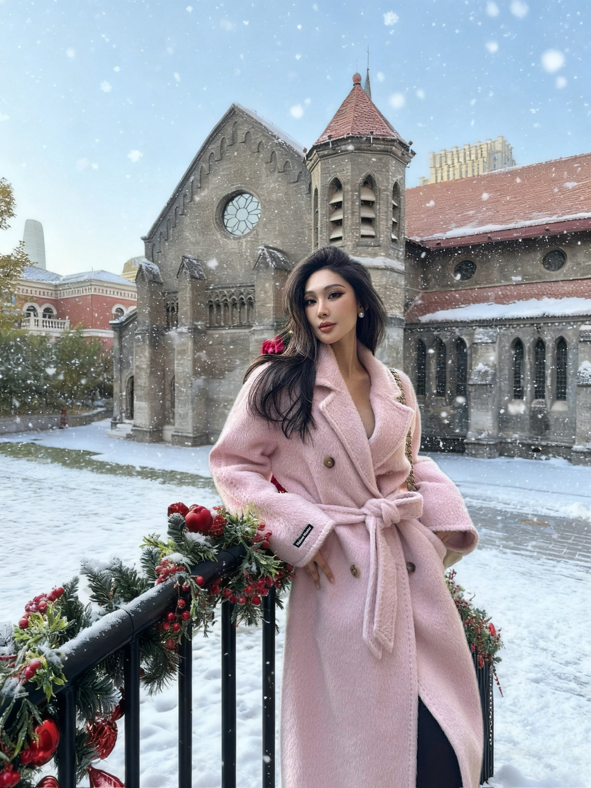 Maison Wester Pink Buttoned Double-breasted Tweed Coat