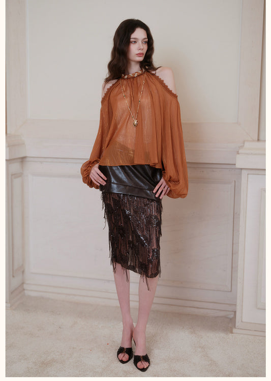 Orange Halter Off-Shoulder Lantern-Sleeve Metallic Shirt