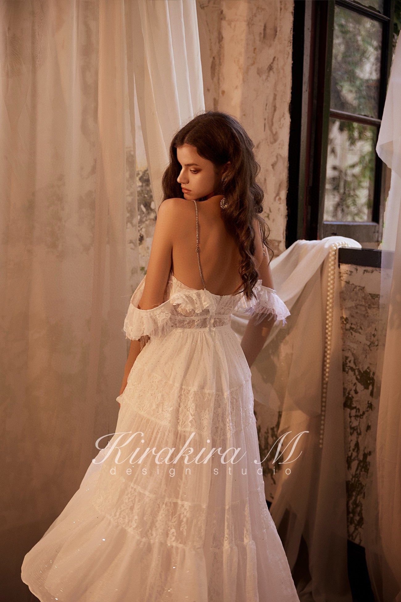 KIRAKIRA M White Diamond Embellished Feather Lace Extra Maxi Dress + Bottoms (Slightly Sheer)