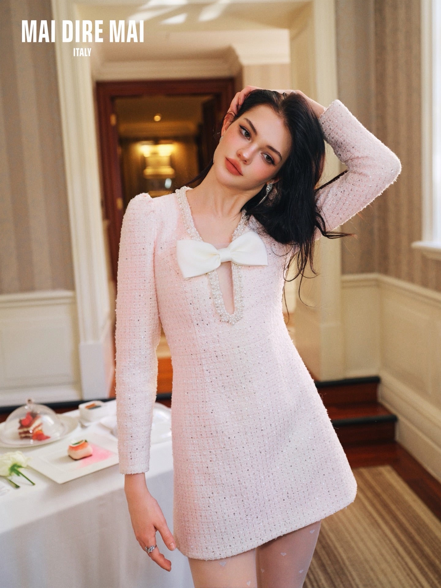 MAI DIRE MAI Pink V-neck Bow Mini Dress