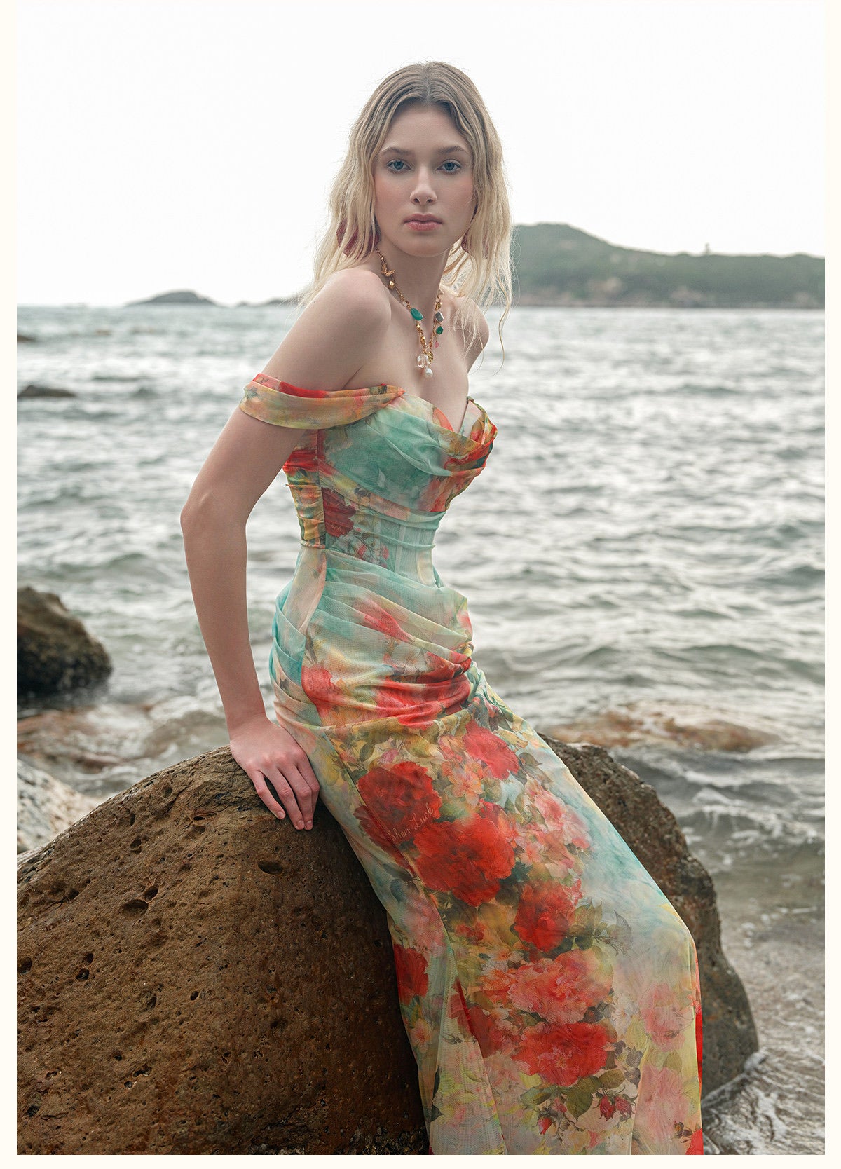Multicolour Floral Off-Shoulder Corset Fishtail Maxi Dress
