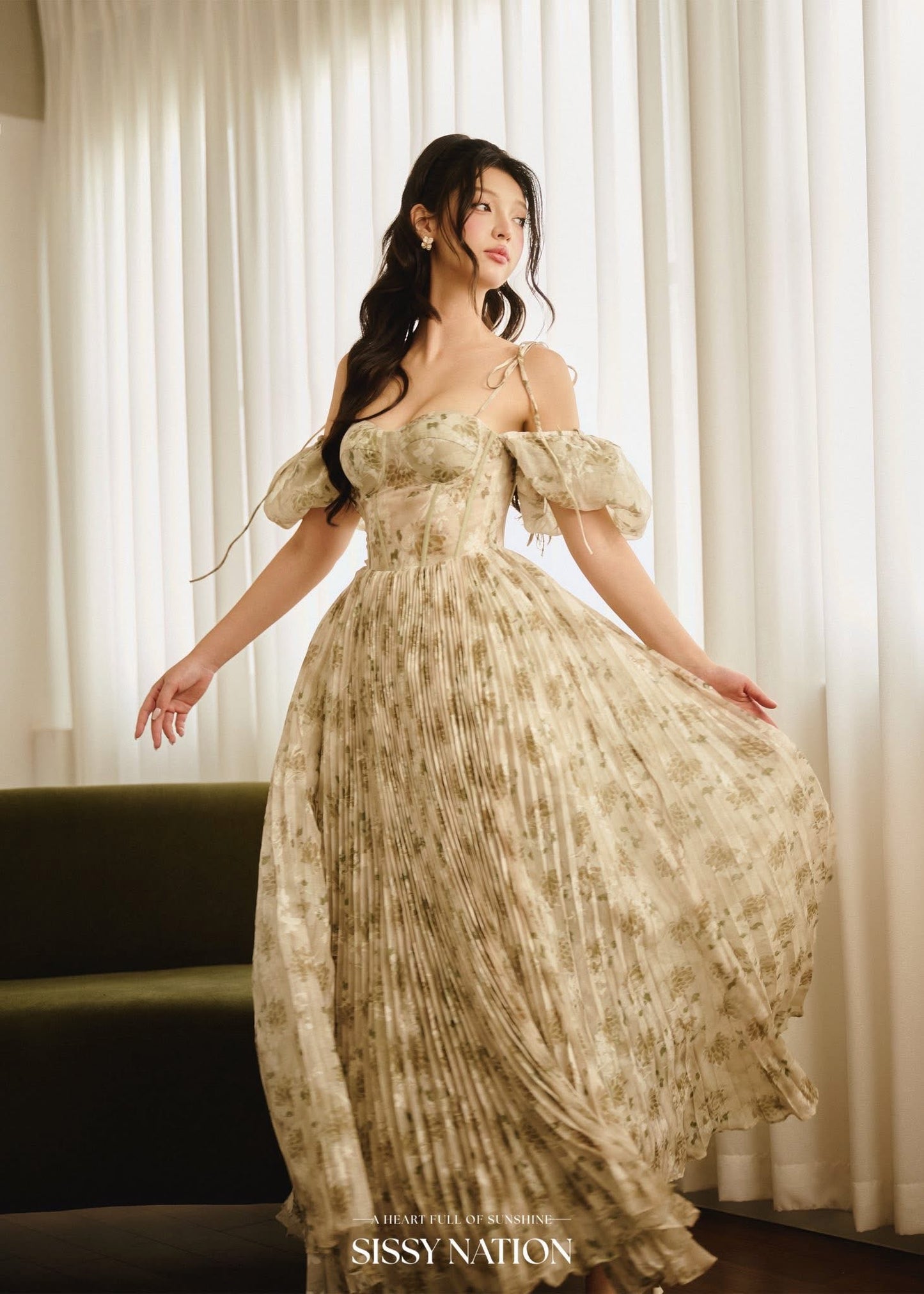 SISSY NATION Green Floal Tiana Pleated Maxi Dress