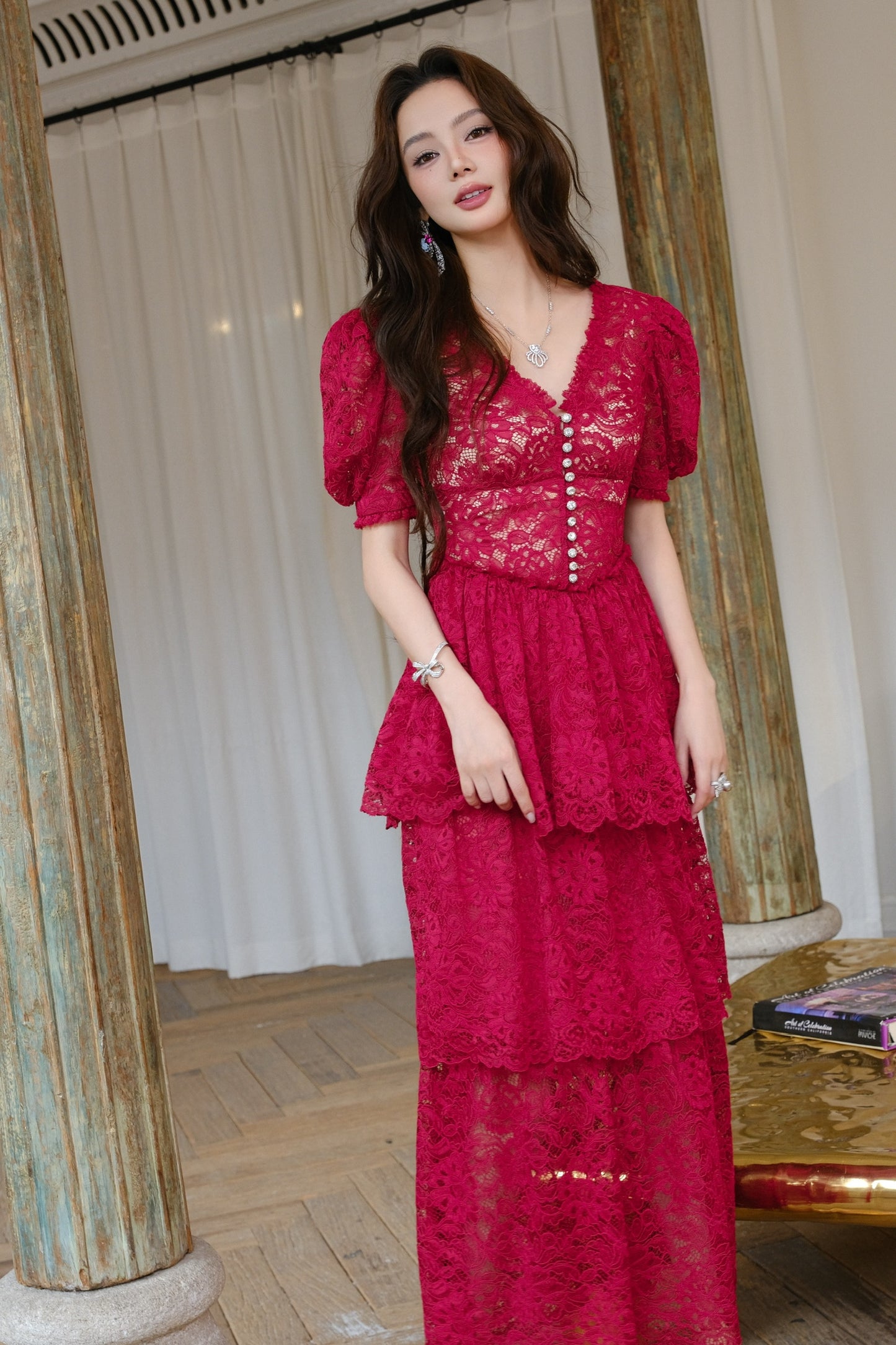 MASION WESTER Rose Red Lace Maxi Dress