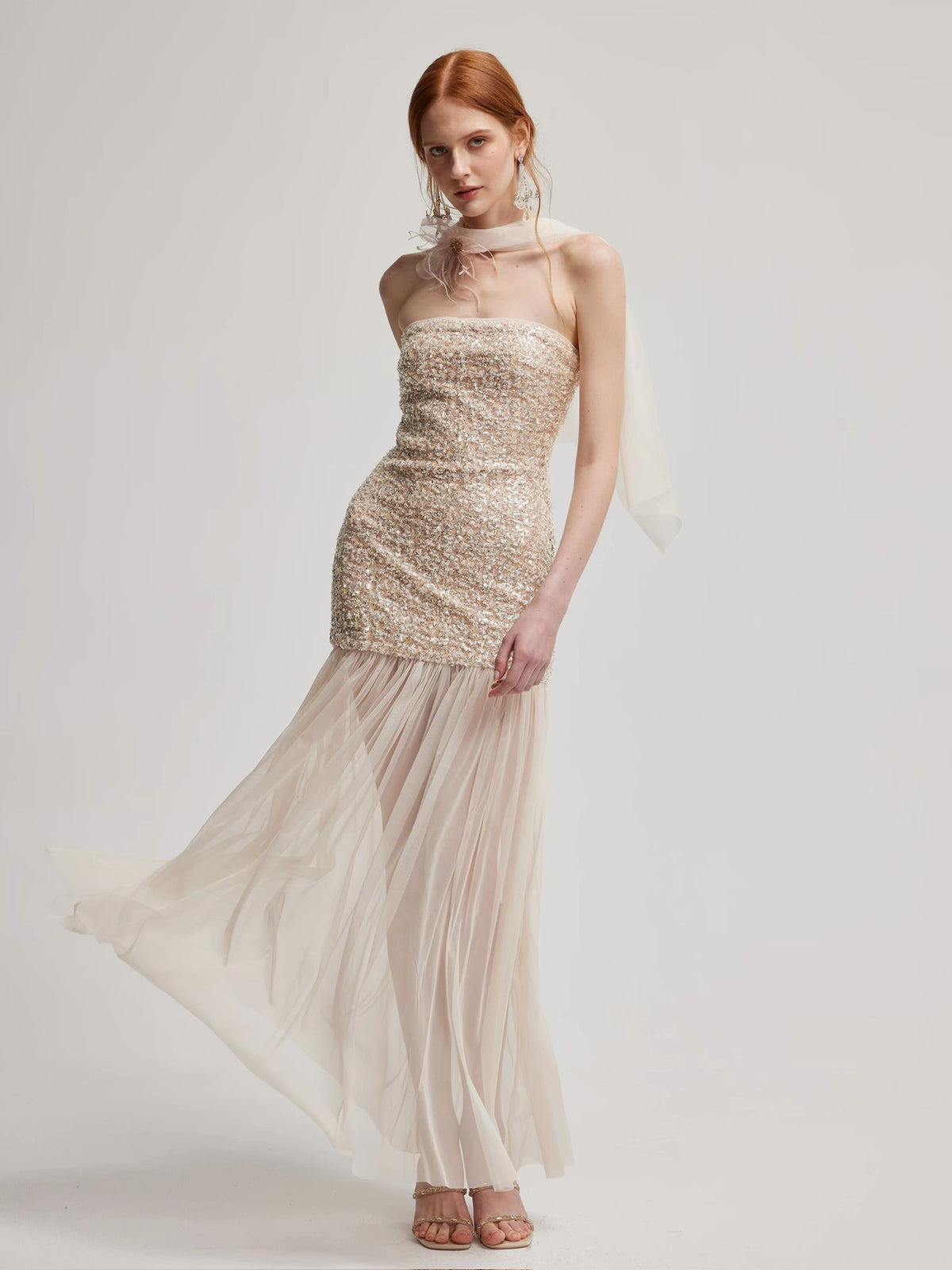 Nude Strapless Sequin Bodice Maxi Dress