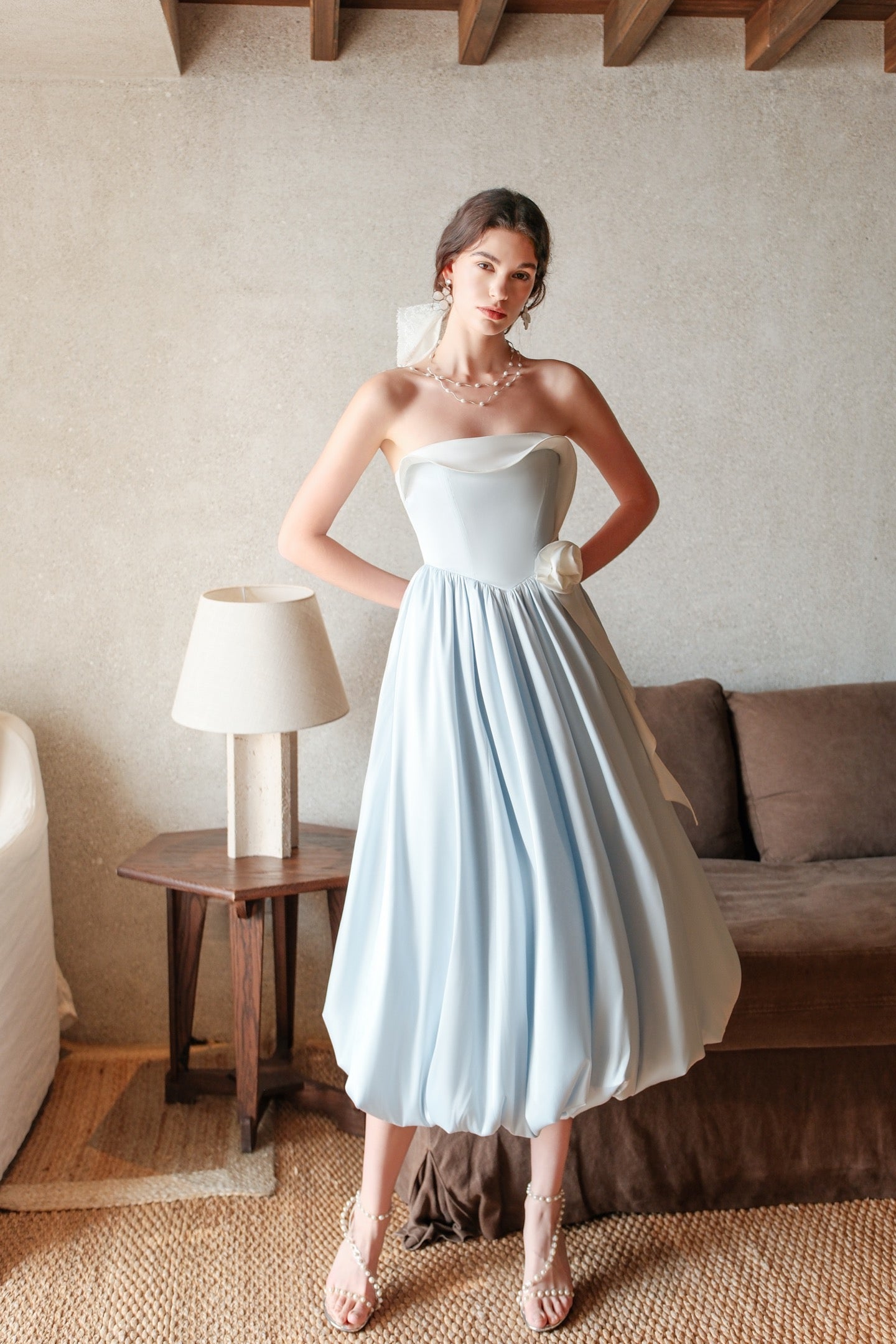 SHEERLUCK Sweet Vacation Blue Bloom Satin-Print Resort-Style Floral Balloon Midi Dress