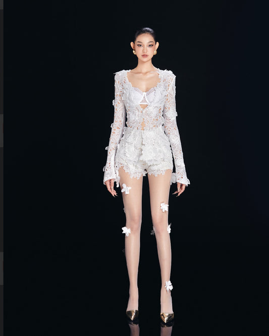 White Lace 3D Floral Cut-out Long Sleeve Top & Short Set