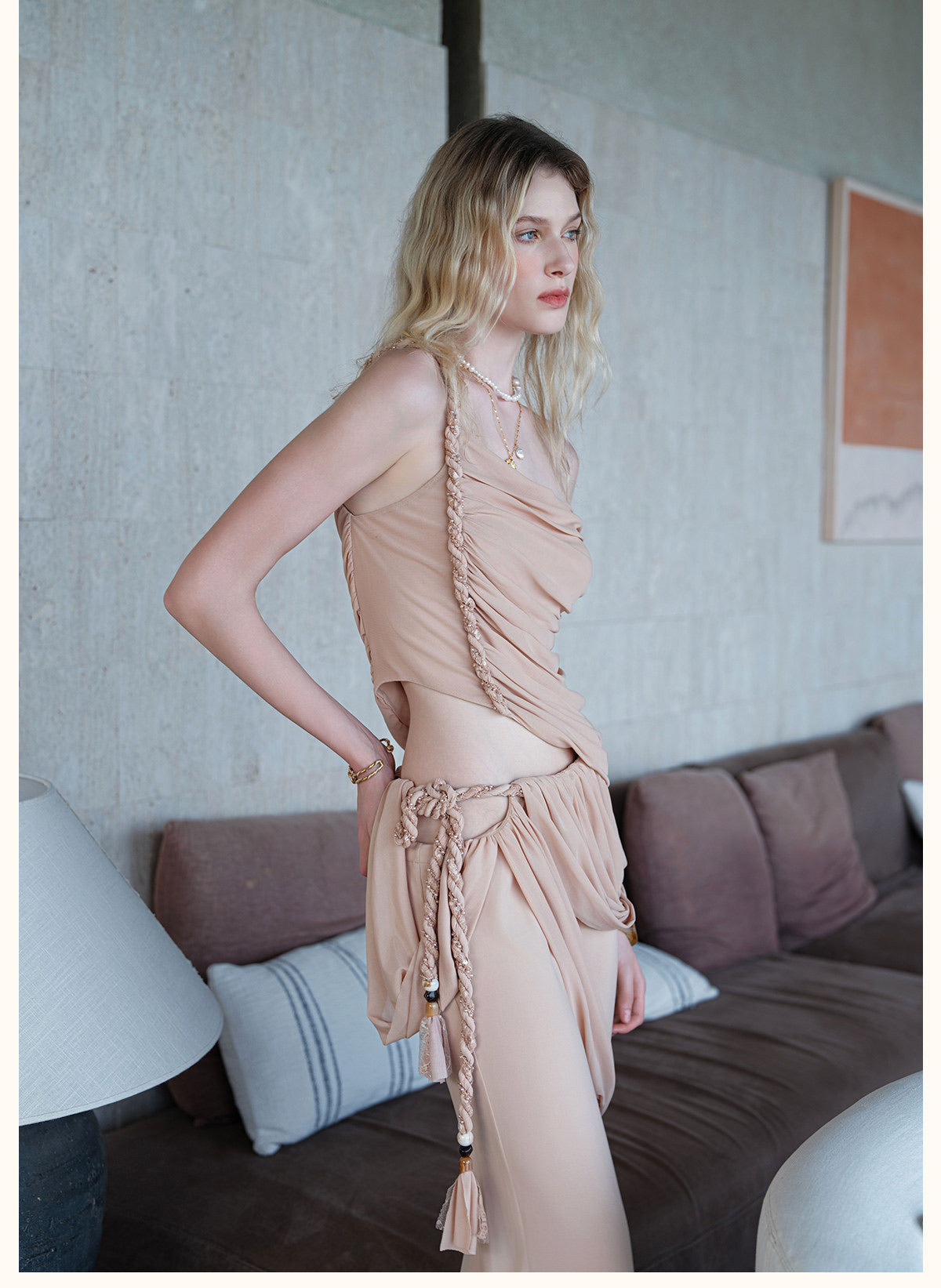 Sheerluck Elegant Vacation Nude Drapella Lace-Braided Pleated Top & Flared Pants Set