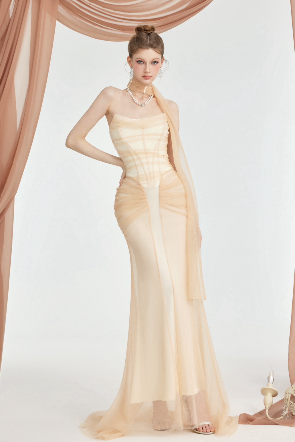 SHEERLUCK NUDE & BLACK MAXI VACATION DRESS