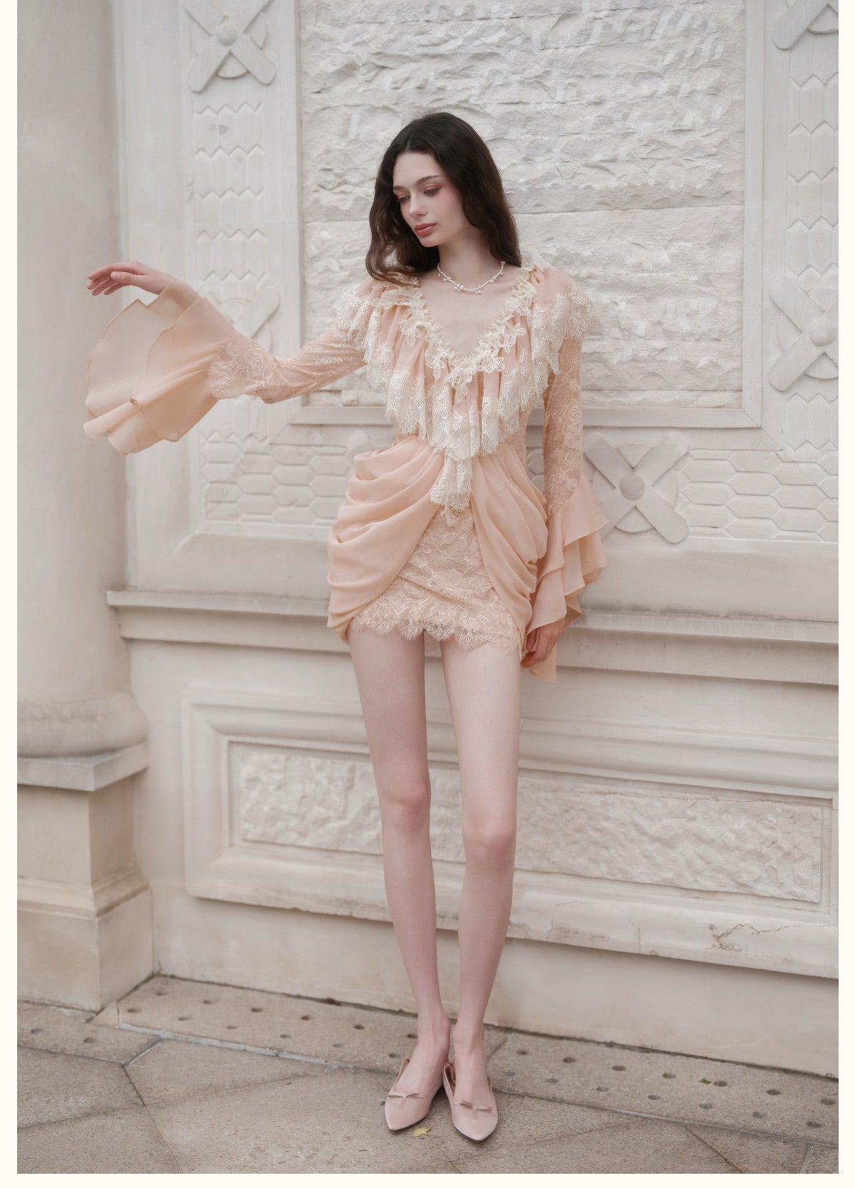 Cream V-Neck Lace Ruffle Long-Sleeve Mini Dress