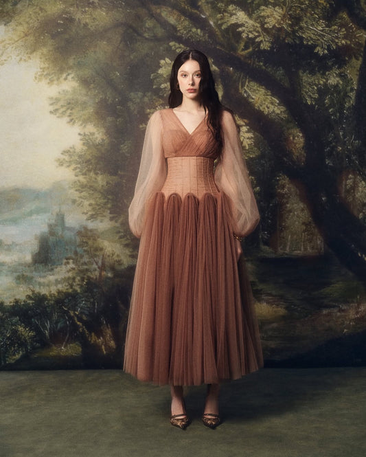 LINHPHUNG Brown Gauze Sylvara Midi Dress