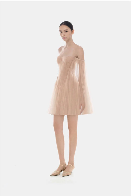 MONTSAND Nude Elegant Vacation Tulle Off-shoulder Mini Dress
