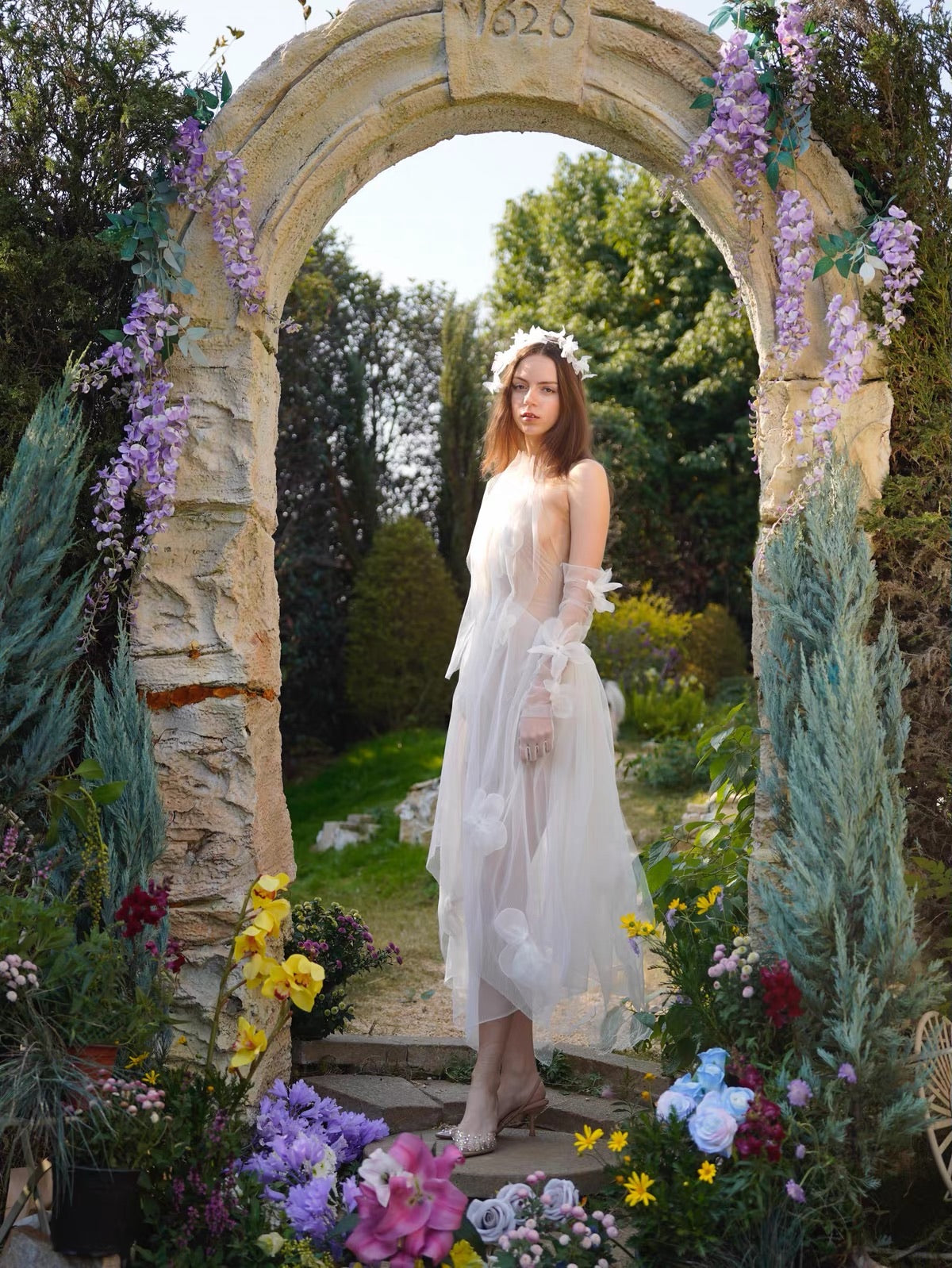 White Halter 3D Floral Sheer Tulle Midi Dress
