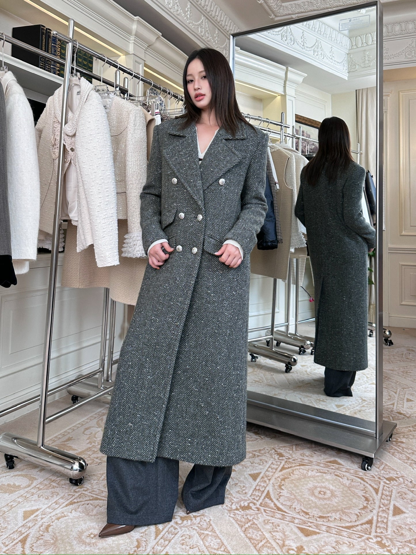 Maison Wester Grey Patterned Double-Button Long Coat