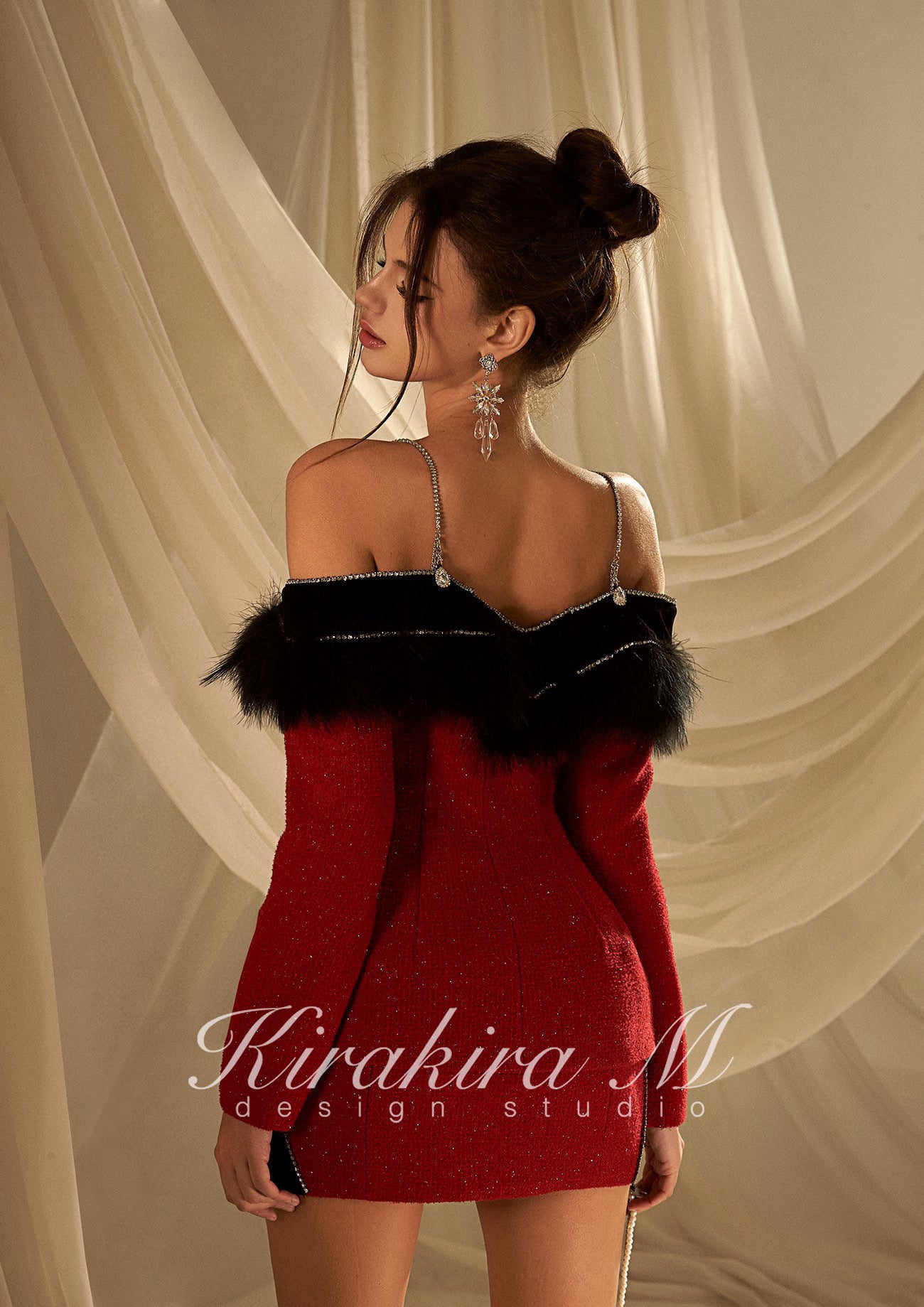 KIRAKIRA M Red tweed off shoulder coat mini dress with feather detail