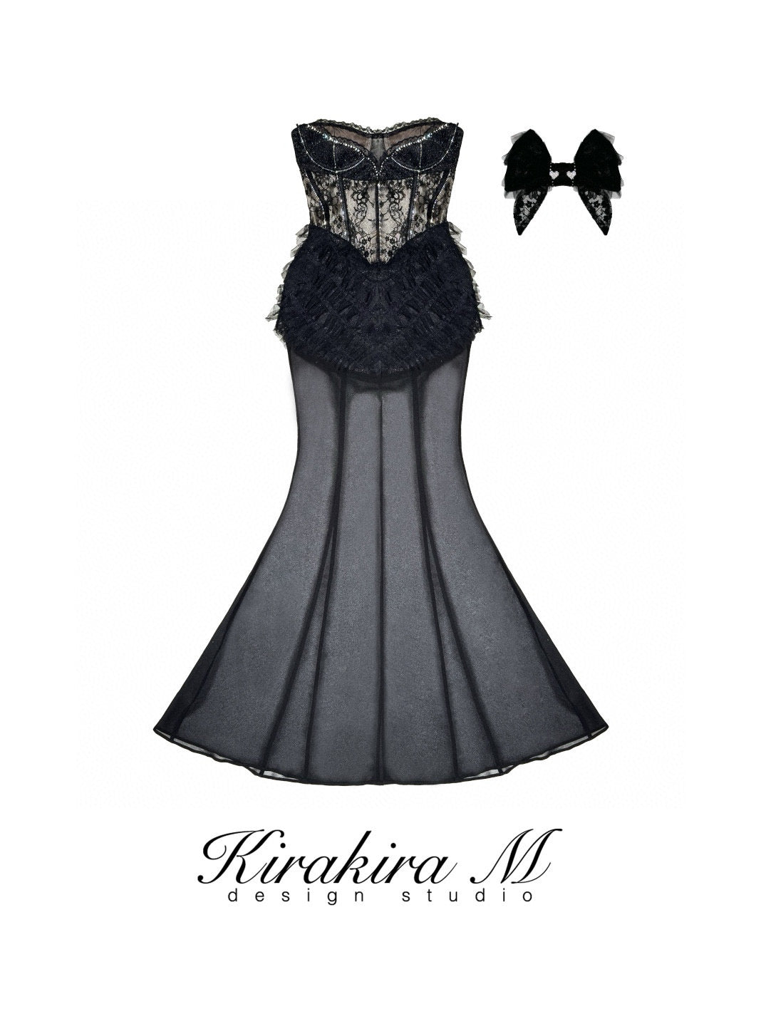 KIRAKIRA M Black Lace Shiny Diamonds Fishtail Fishbone Sheath MAXI Dress (Free Bow Hair Accessories)