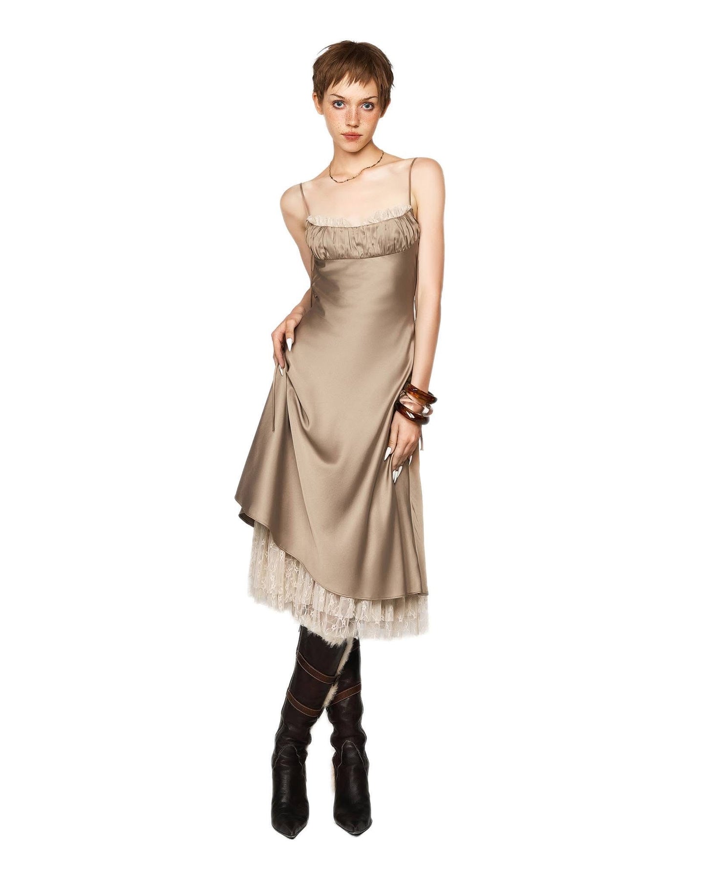 LSOUL BROWN& NUDE SATIN ACETATE MIDI DRESS