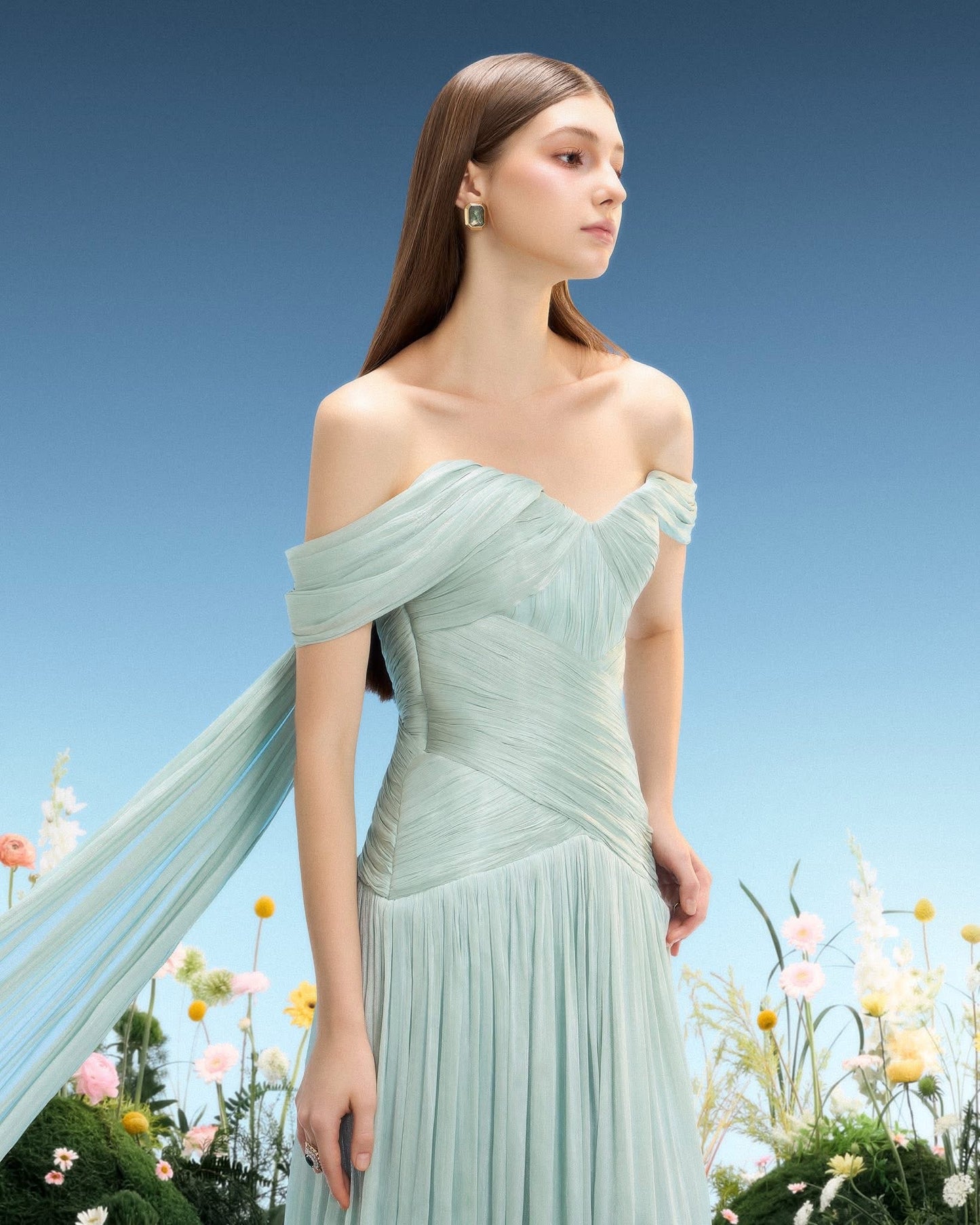 LINH PHUNG Elegant Fairycore Green Morgane Maxi Dress