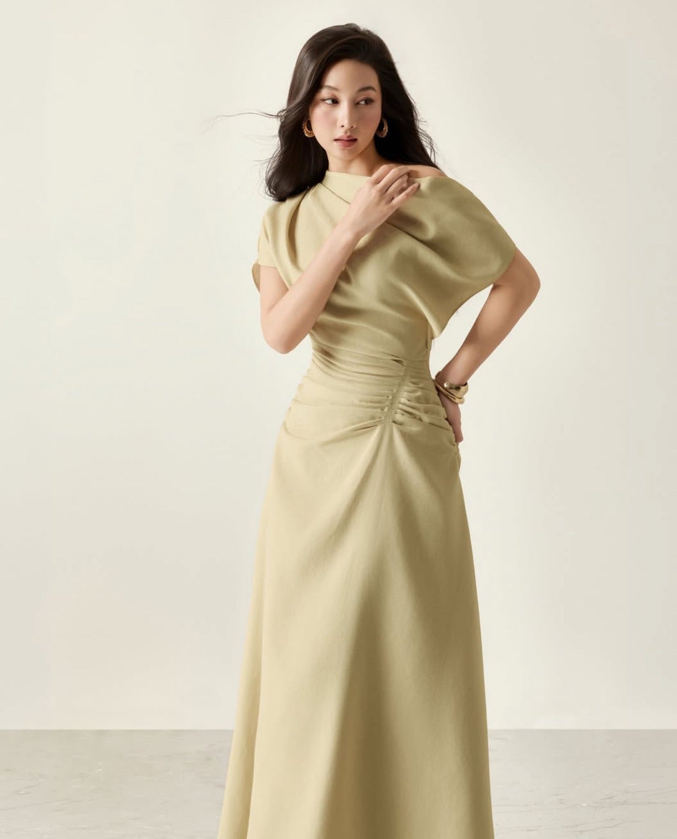 Nude Structured Draping Midi Dress