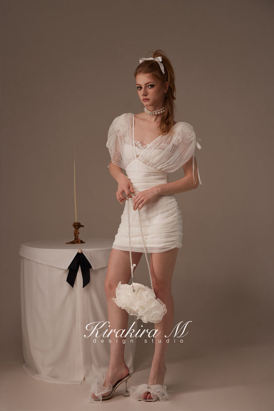 Kirakira M White Deep V Drawstring Slim Fit Dress (2 Wearable)