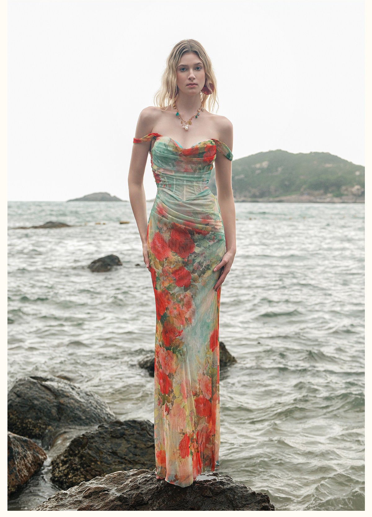 Multicolour Floral Off-Shoulder Corset Fishtail Maxi Dress