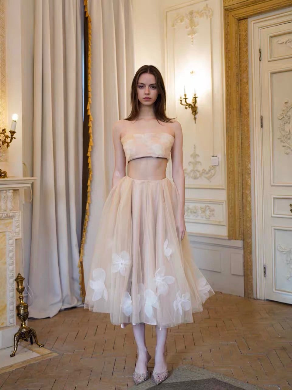 Nude Strapless 3D Floral Tulle Top & Midi Skirt