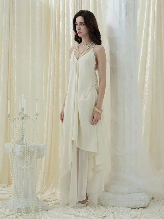 CROWCREW Dark Avant-Garde Vacation White V-neck Maxi Dress