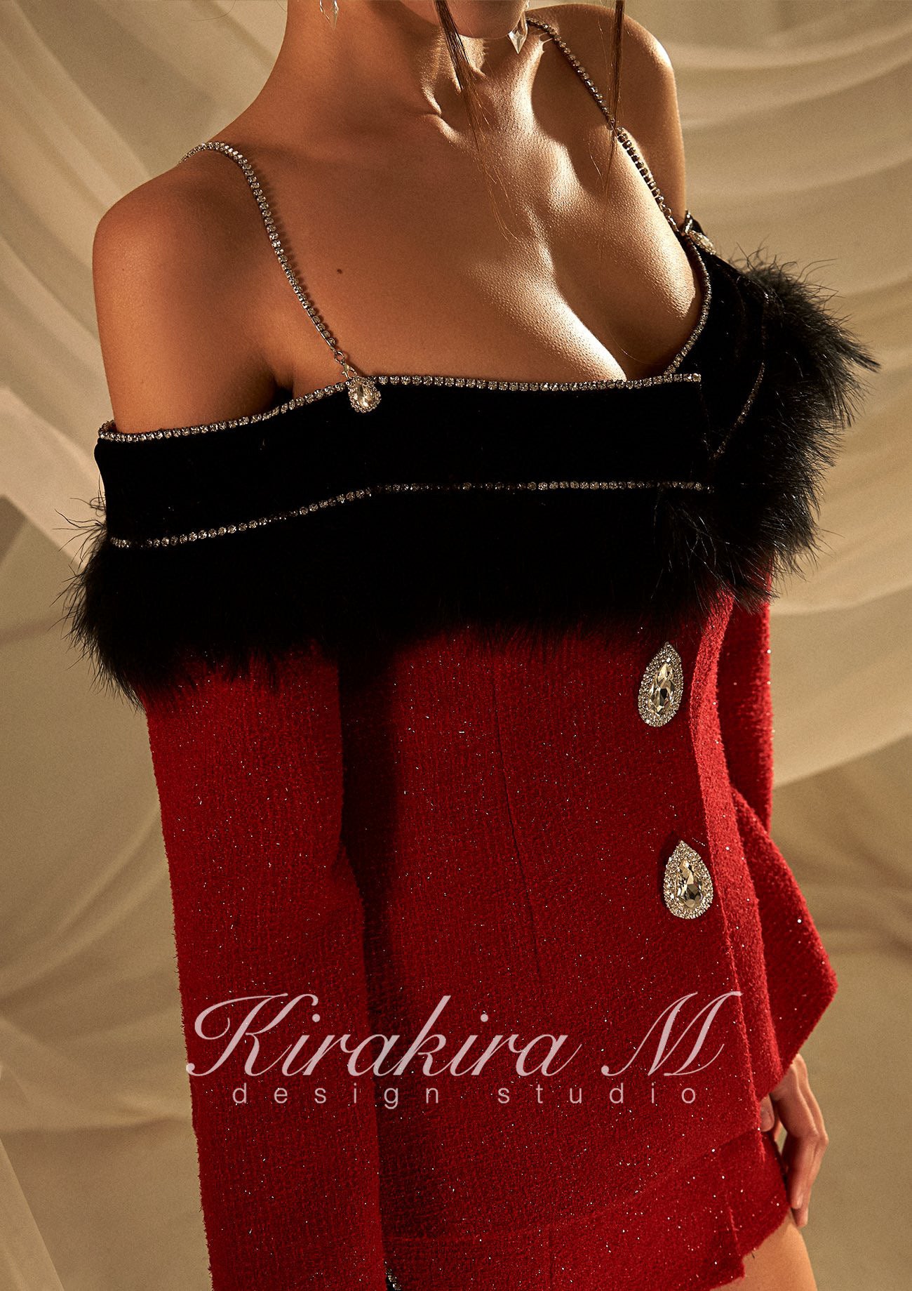 KIRAKIRA M Red tweed off shoulder coat mini dress with feather detail