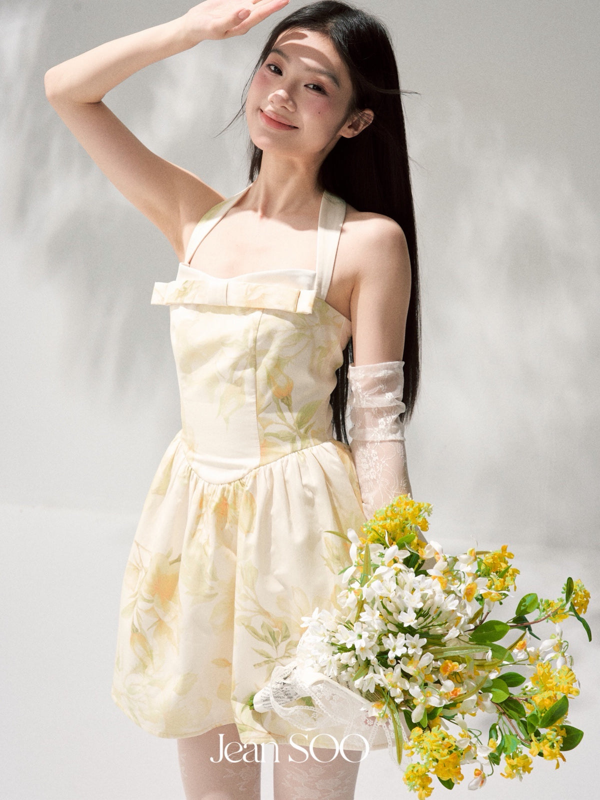 Yellow Ink Floral Halter Strapless Bow A-Line Mini Dress