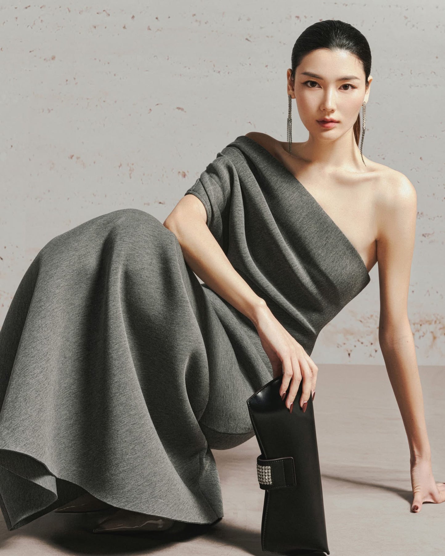 LANE JT Elegant Minimalist Grey Vestalia One-shoulder Maxi Dress