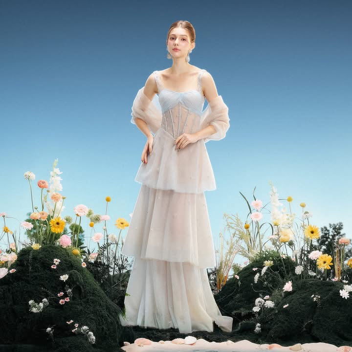 LINH PHUNG Elegant Fairycore Blue Meredith Maxi Dress