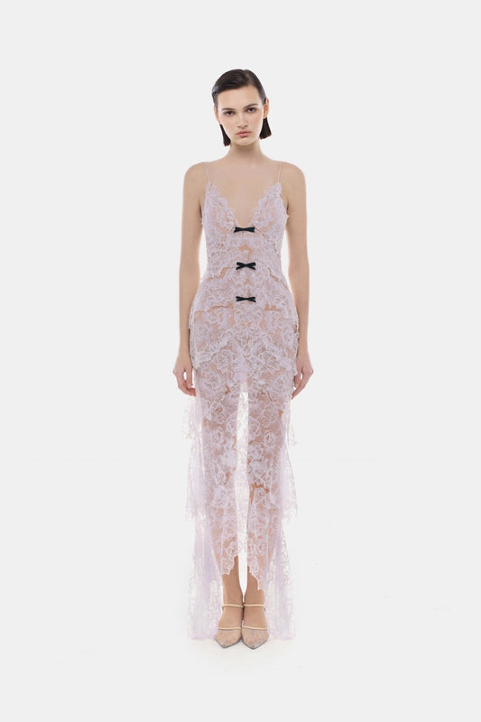 MONTSAND Purple Violet Floral Bow V-Neck Elegant Vacation Maxi Dress