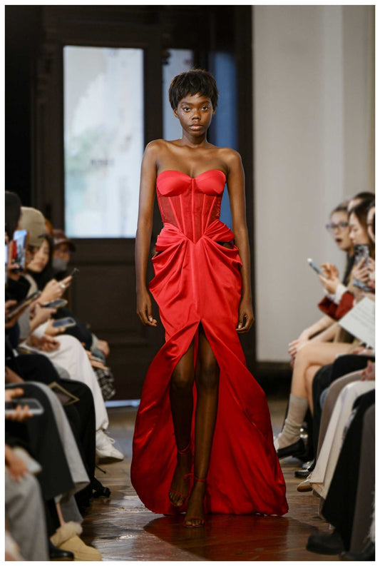 Red Strapless Corset Satin Slit Midi Dress
