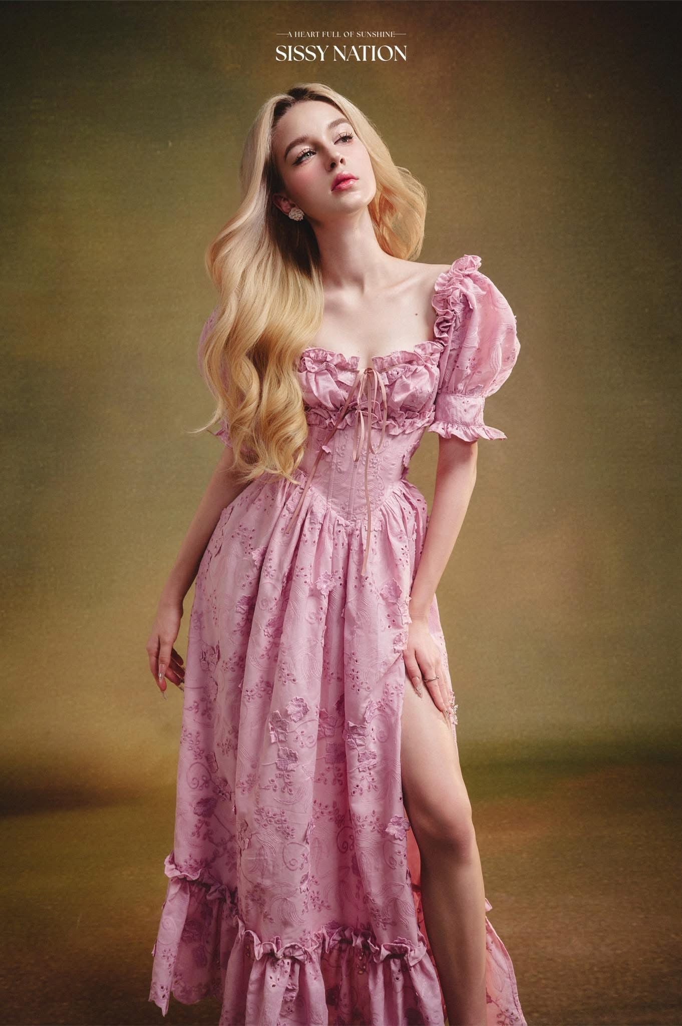 SISSY NATION Pink Forbidden Corset Pleated Maxi Dress