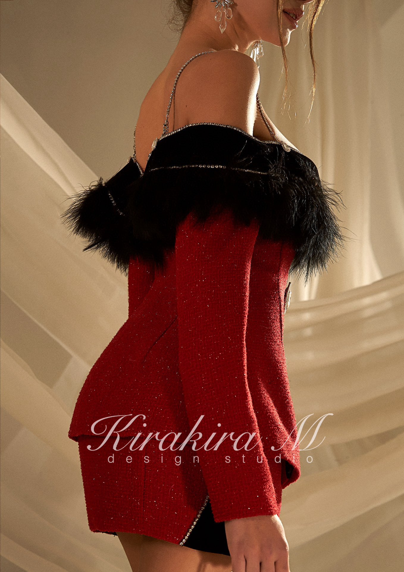 KIRAKIRA M Red tweed off shoulder coat mini dress with feather detail