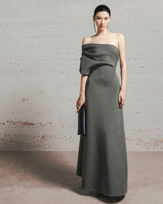 LANE JT Elegant Minimalist Grey Vestalia One-shoulder Maxi Dress
