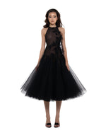 Black Halter Mesh 3D Floral Tulle Midi Dress