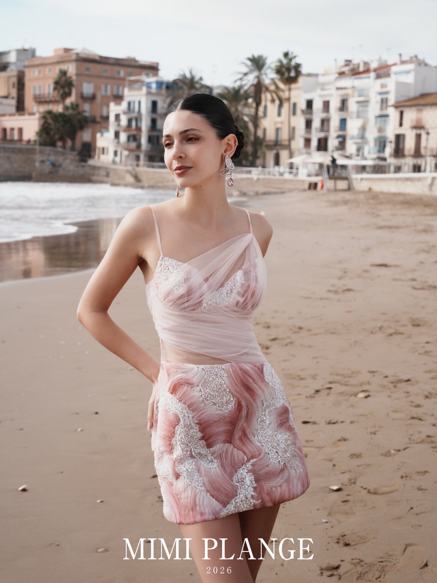 MIMI PLANGE Vacation Sweet Pink Beaded Yarn Mini Dress