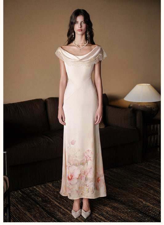 SHEERLUCK Vacation Fairycore Cream Fresco Maxi Dress