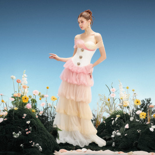 LINH PHUNG Elegant Fairycore Pink Kilani Maxi Dress