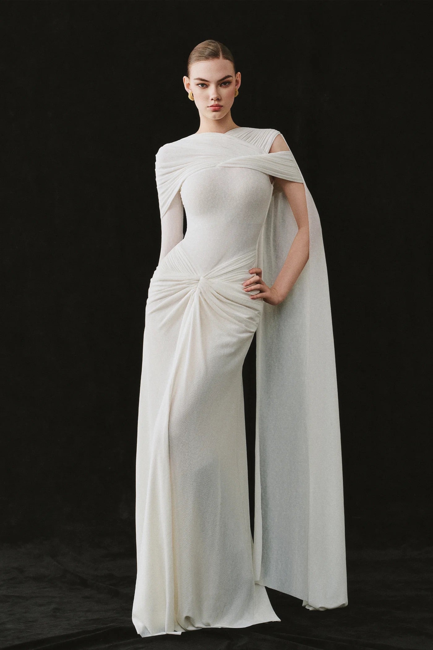 CICI White Elegant Vacation Elaria Draped Cape Maxi Dress