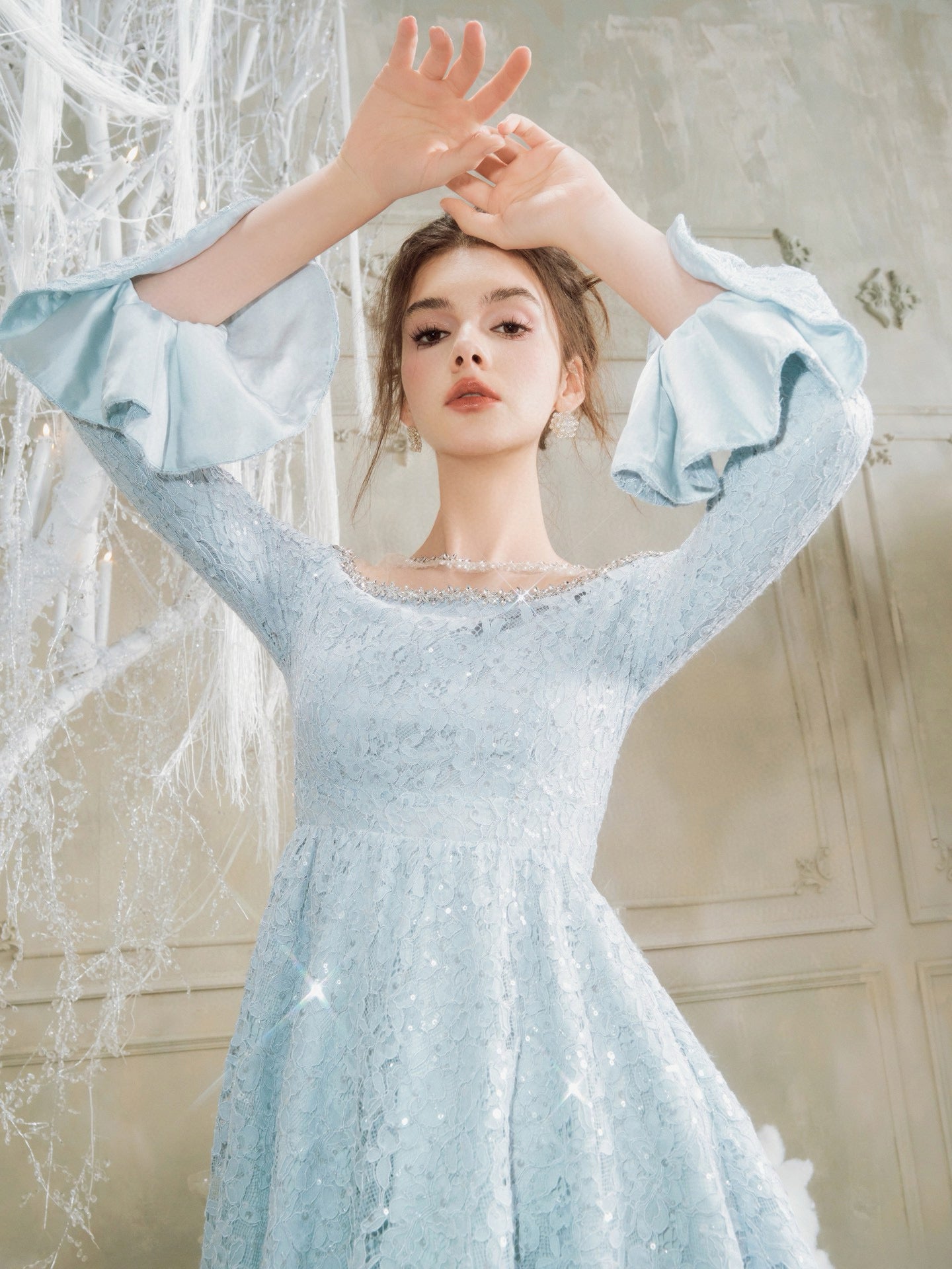 WARDROBE BY CHEN Blue Lace Embroidered Sequin Diamond Chain mini Dress