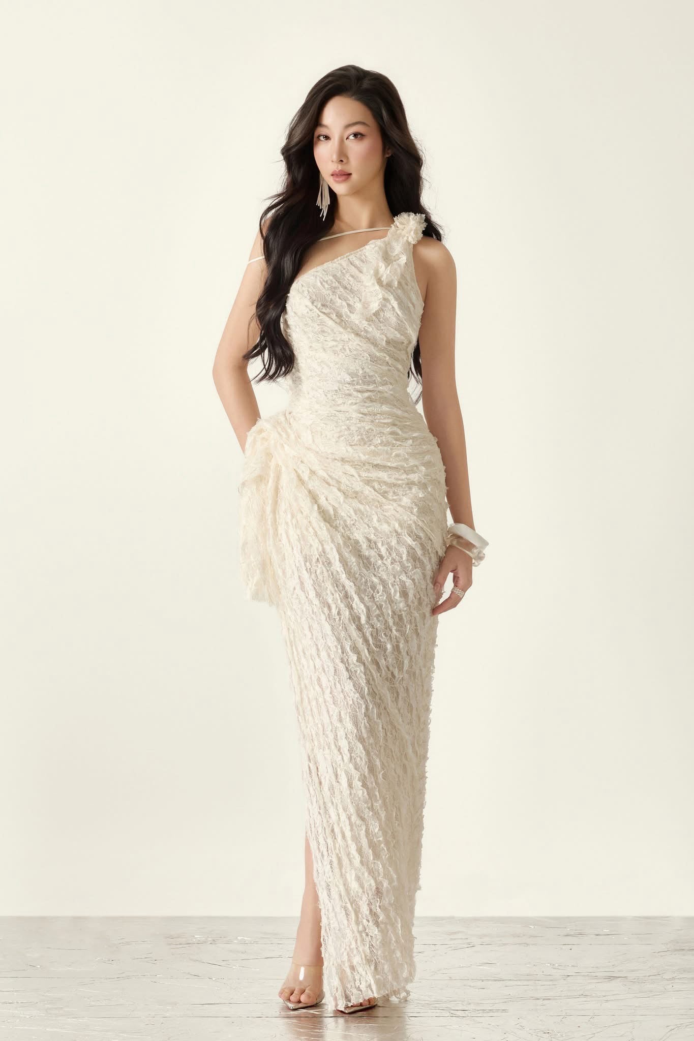 White Beatrice Asymmetrical Slit Lace Maxi Dress