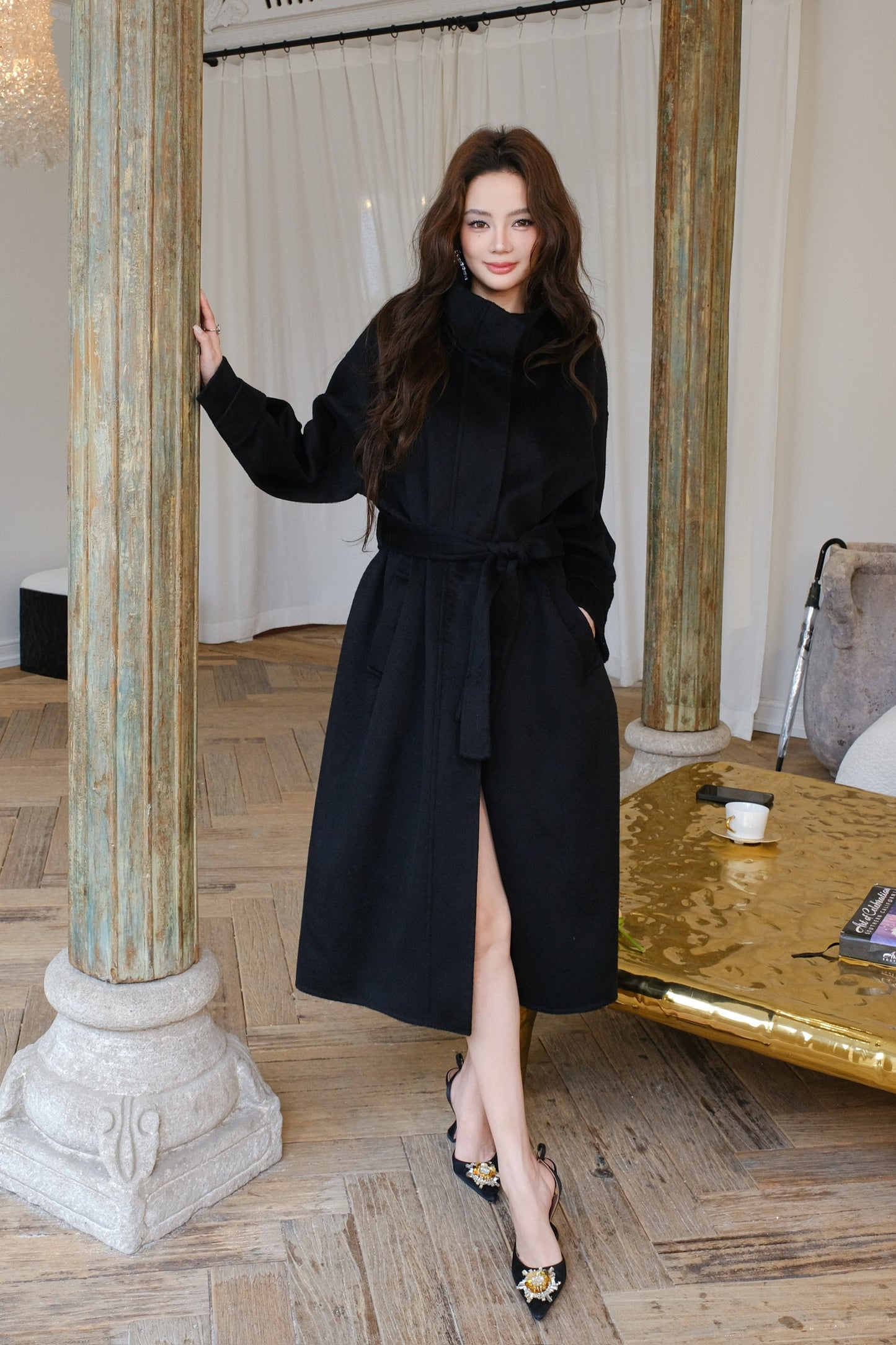 Maison Wester Black Single-Button Sleeveless Woolen Long Coat