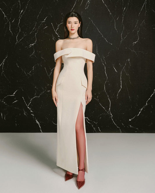 LANE JT Elegant Minimalist White Kate Off-shoulder Maxi Dress