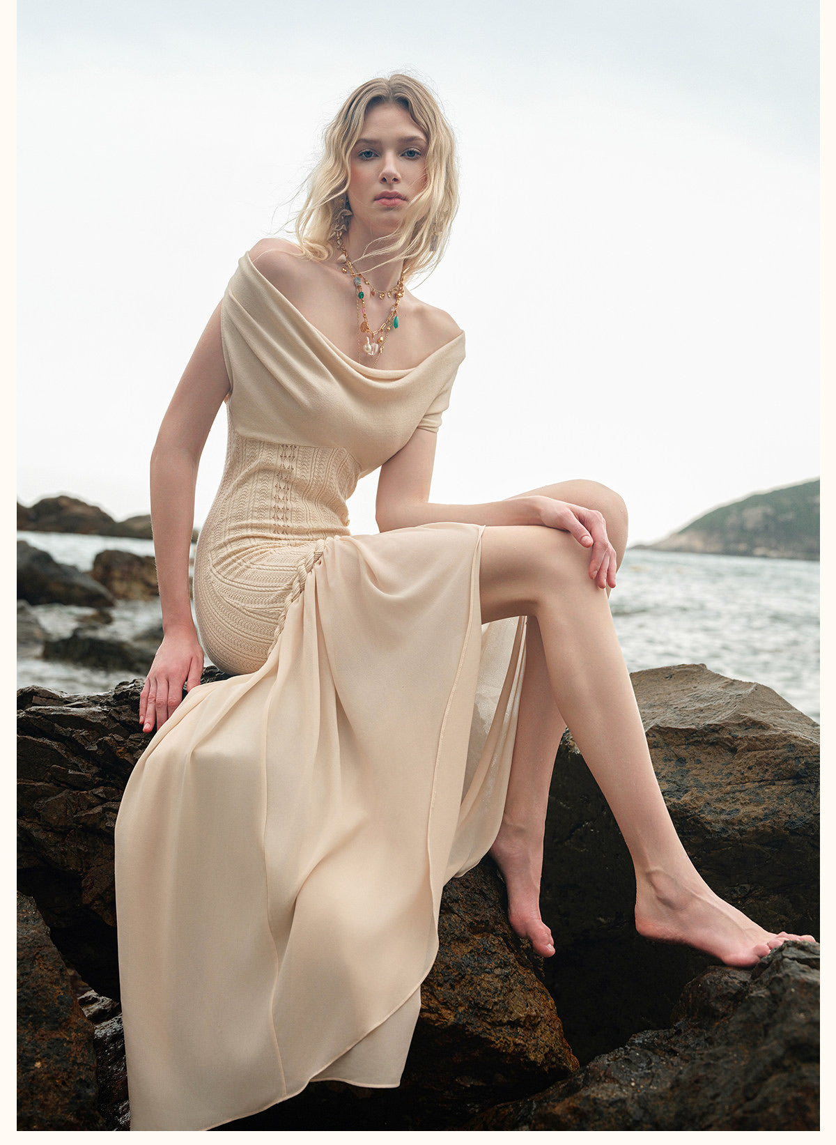 Cream Draped Halter Knit High-Low Chiffon Maxi Dress