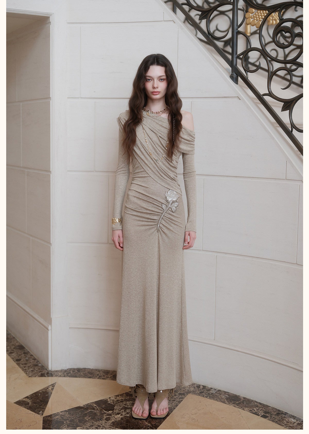 Brown Off-Shoulder Cross-Drape Long-Sleeve Knit Gown Midi Dress
