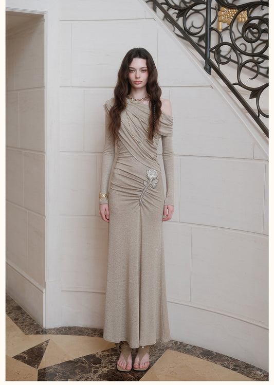 Grey Off-Shoulder Cross-Drape Long-Sleeve Knit Gown Midi Dress