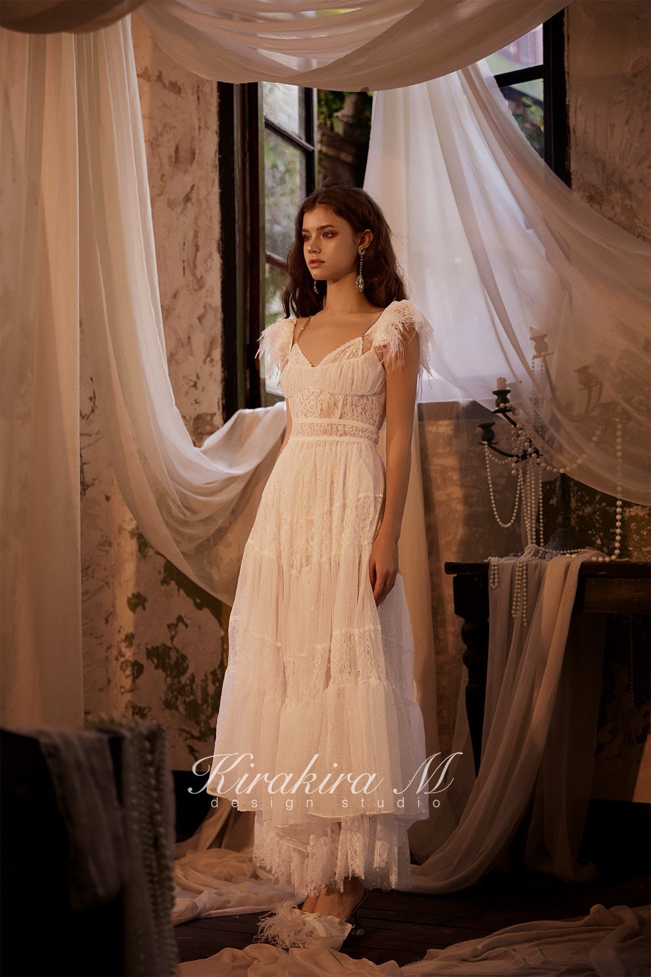 KIRAKIRA M White Diamond Embellished Feather Lace Extra Maxi Dress + Bottoms (Slightly Sheer)